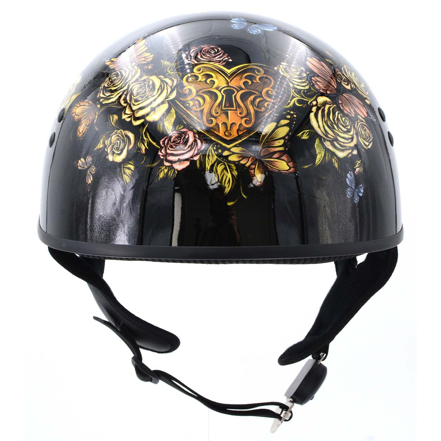 Hot Leathers HLD1034 'Butterfly Lock' Gloss Black Motorcycle DOT Approved Skull Cap Half Biker Helmet