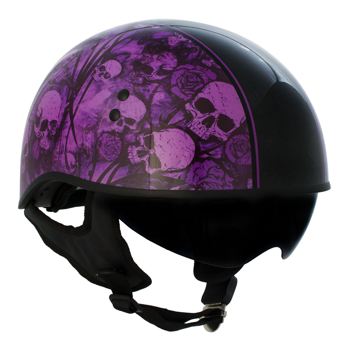 Hot Leathers HLD1039 Gloss Black Purple Skull Bouquet Advanced DOT Unisex Half Helmet w/ Drop Down Visor