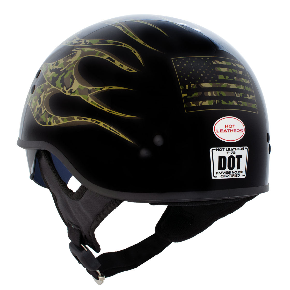 Hot Leathers HLD1047 Gloss Black Camo Skull Flames DOT Skull Half Motorcycle Helmet w/ Drop Down Tinted Visor