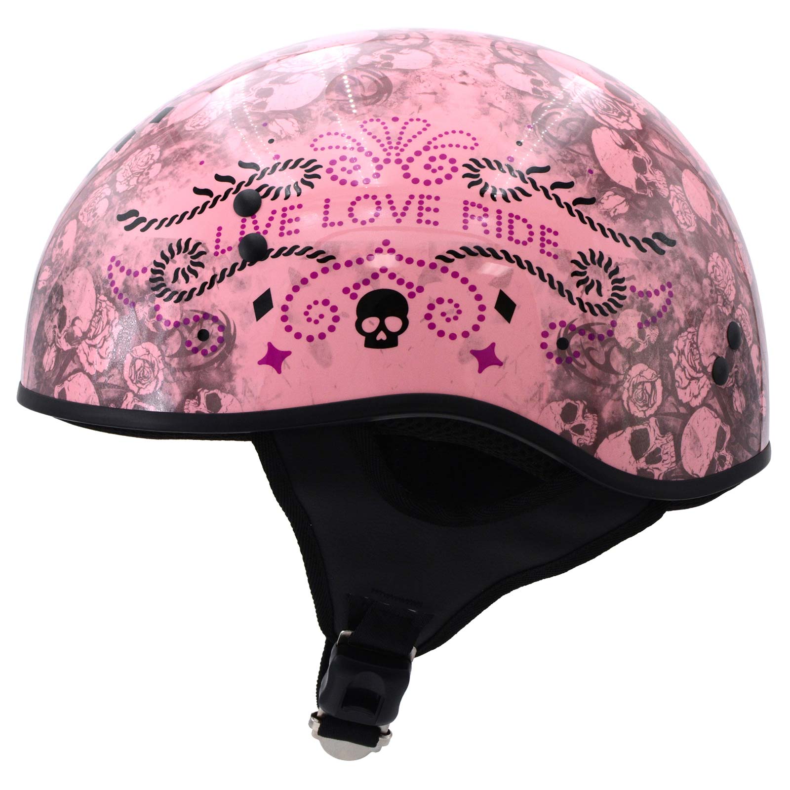 Hot Leathers HLD1048 'Live, Love Ride' Gloss Pink Motorcycle DOT Approved Skull Cap Half Biker Helmet