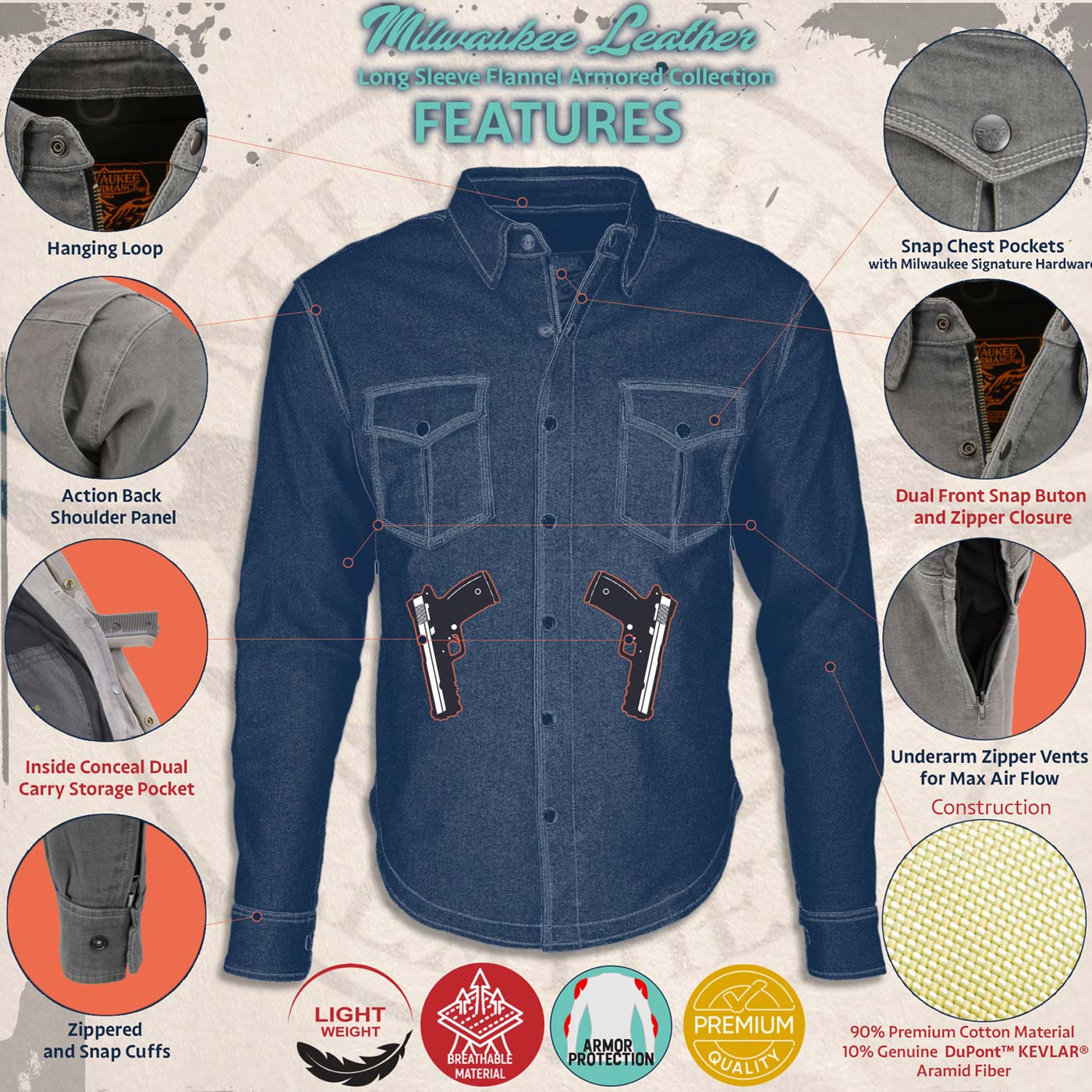 Milwaukee Leather MPM1635 Men’s Armored Riding Flannel – Full Aramid Fiber Lined, CE Shoulder/Elbow Armor