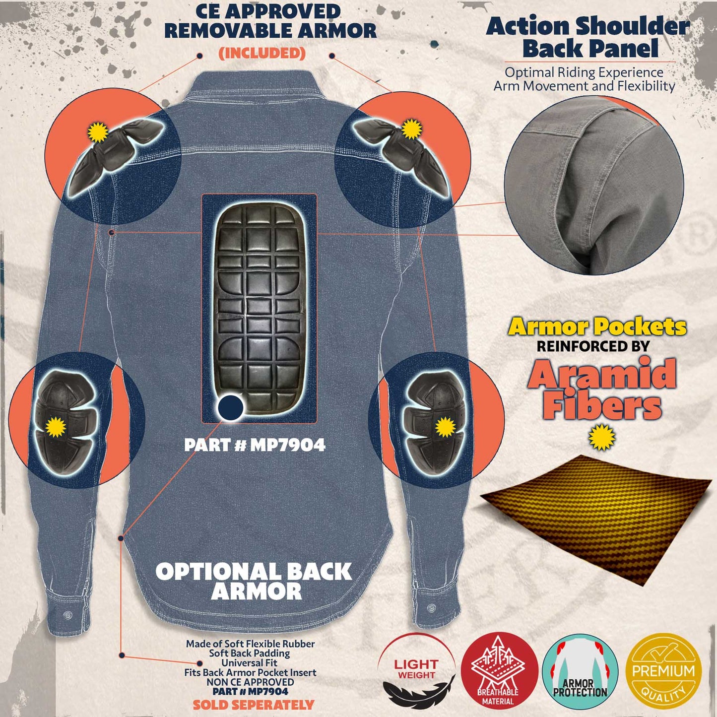 Milwaukee Leather MPM1621 Men's Grey CE Armored Long Sleeve Motorcycle Riders Shirt w/ Reinforced w/ Aramid Fibers