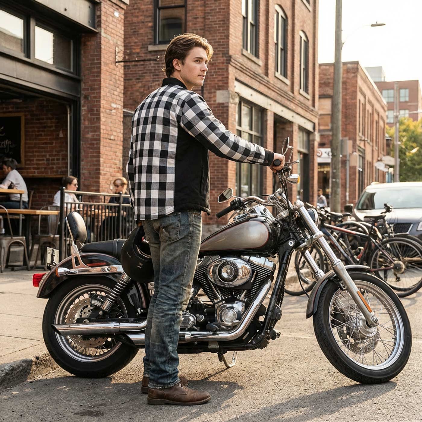 Milwaukee Leather Men’s Two-Tone CE Armored Flannel - Solid Front / Plaid Back - Reinforced w/ Aramid Fibers - MPM1673