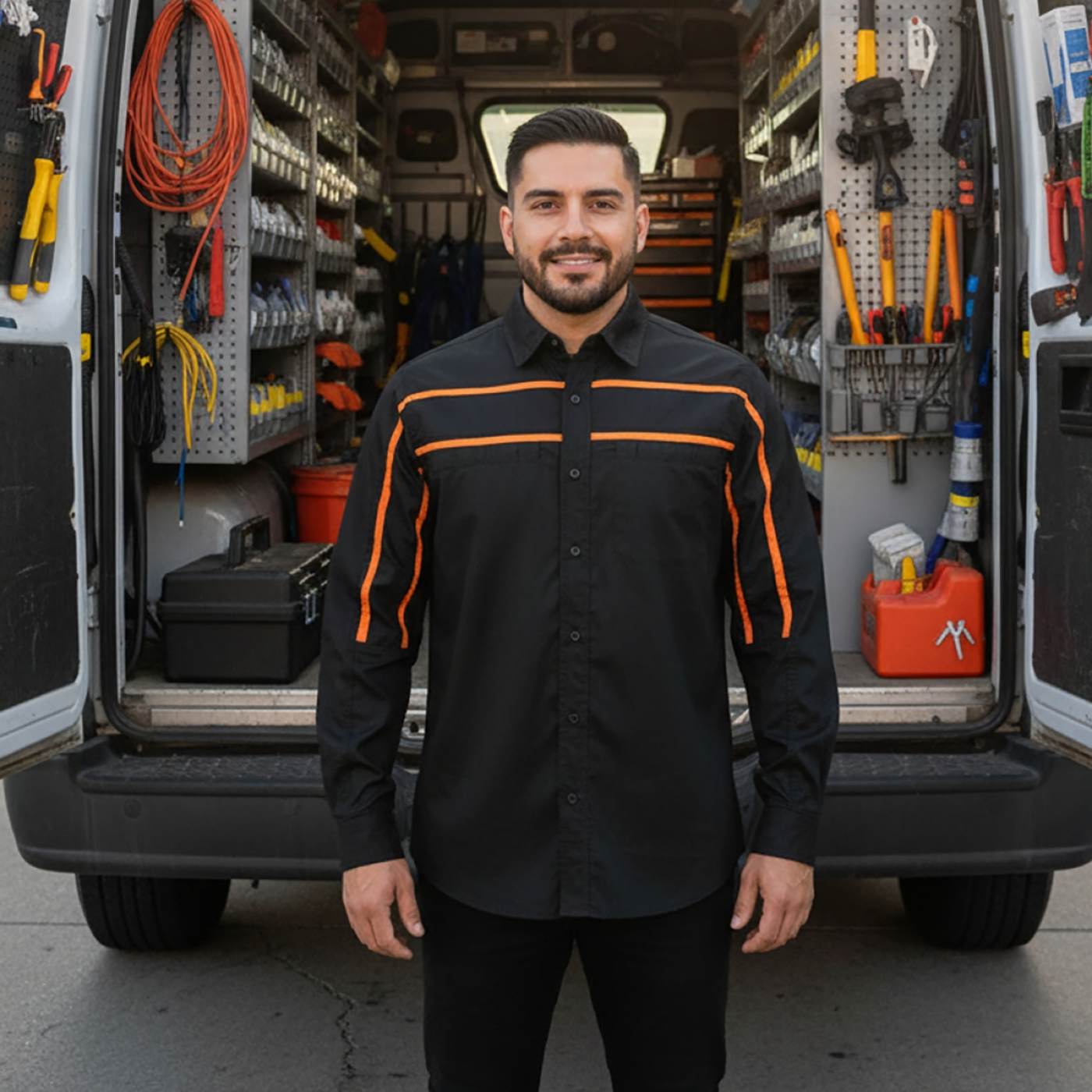 MMCC Men's Octane Long Sleeve Mechanic Shirt - Black with Orange Stripe - 50-50 Cotton Poly - MMCC16003