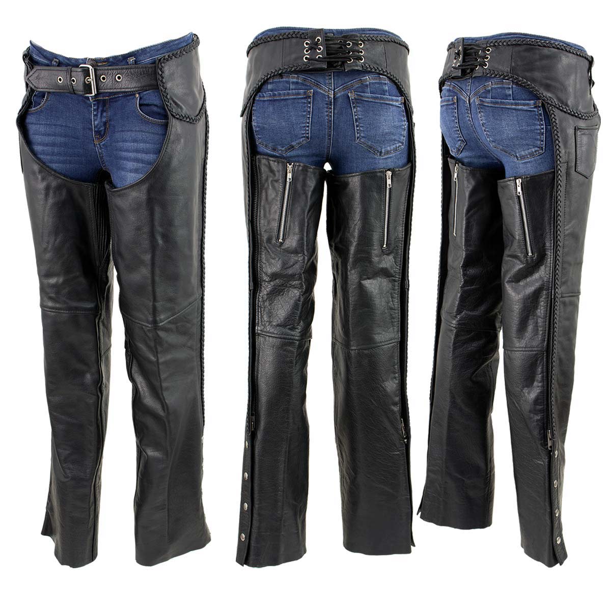 Milwaukee Leather Women's Black Braided Leather Motorcycle Chaps w/ Stretch Panels, Adjustable Fit - LKL16700