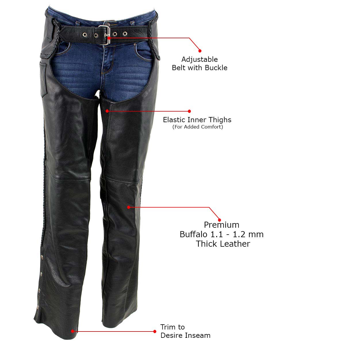 Milwaukee Leather Women's Black Braided Leather Motorcycle Chaps w/ Stretch Panels, Adjustable Fit - LKL16700