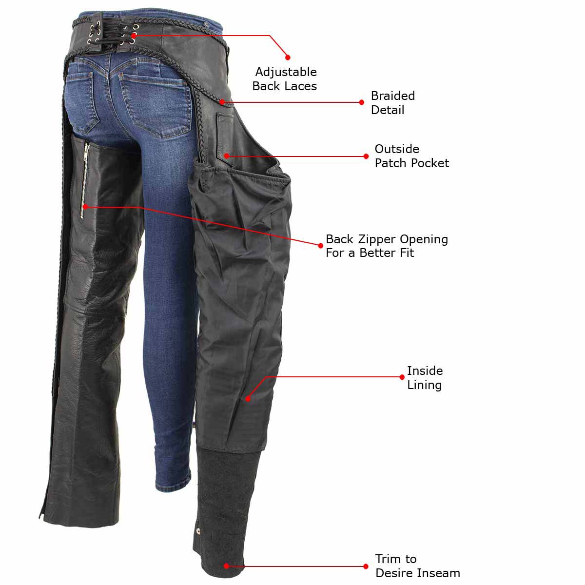 Milwaukee Leather Women's Black Braided Leather Motorcycle Chaps w/ Stretch Panels, Adjustable Fit - LKL16700