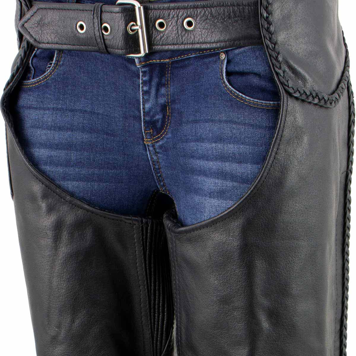 Milwaukee Leather Women's Black Braided Leather Motorcycle Chaps w/ Stretch Panels, Adjustable Fit - LKL16700