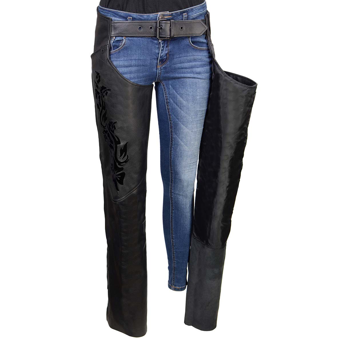 Milwaukee Leather Women's Leather Motorcycle Chaps w/ Embroidery Detail, Adjustable Fit Riding Gear - LKL16701