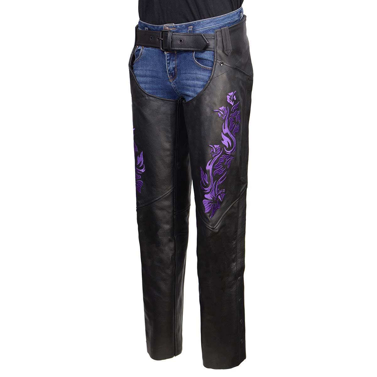 Milwaukee Leather Women's Leather Motorcycle Chaps w/ Embroidery Detail, Adjustable Fit Riding Gear - LKL16702