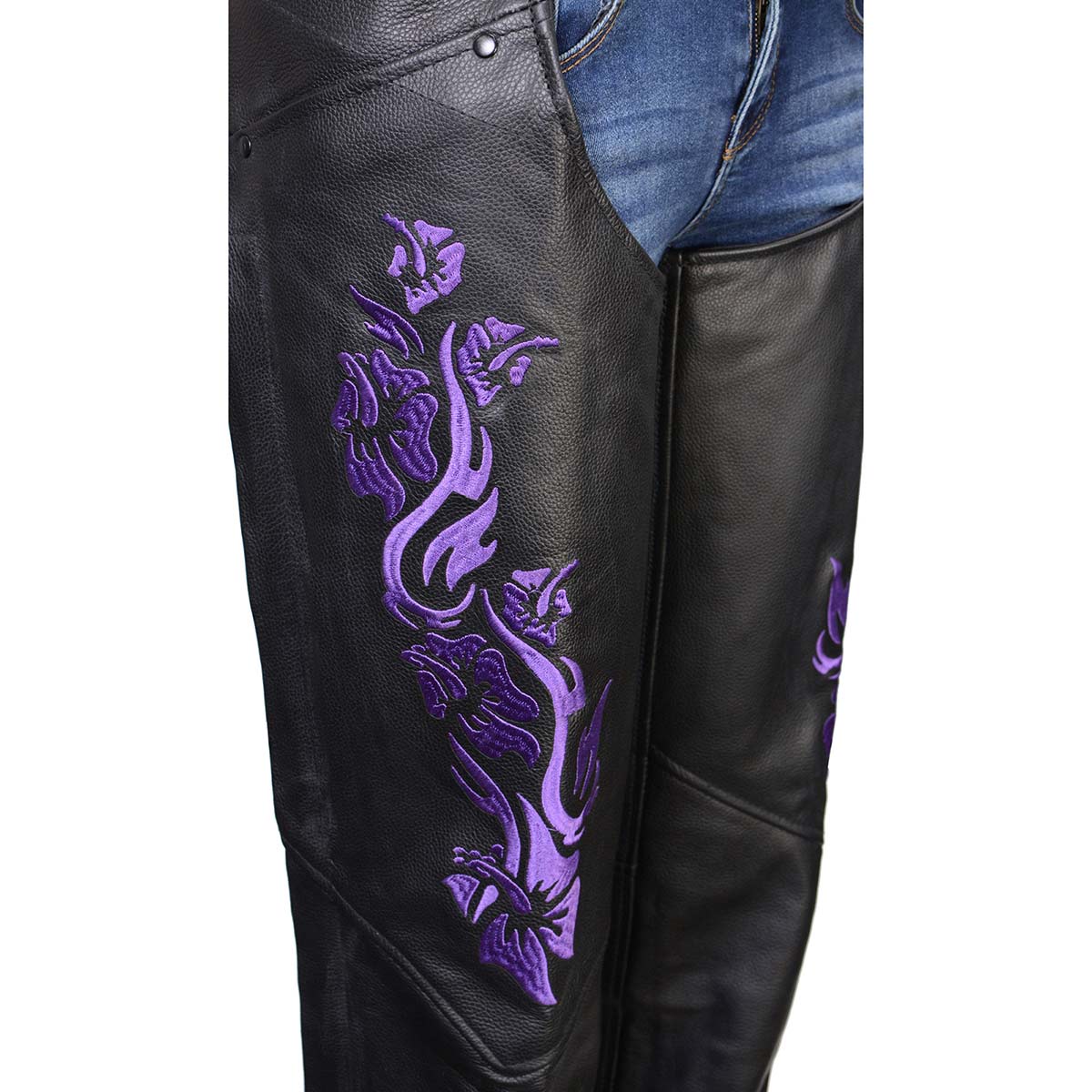 Milwaukee Leather Women's Leather Motorcycle Chaps w/ Embroidery Detail, Adjustable Fit Riding Gear - LKL16702