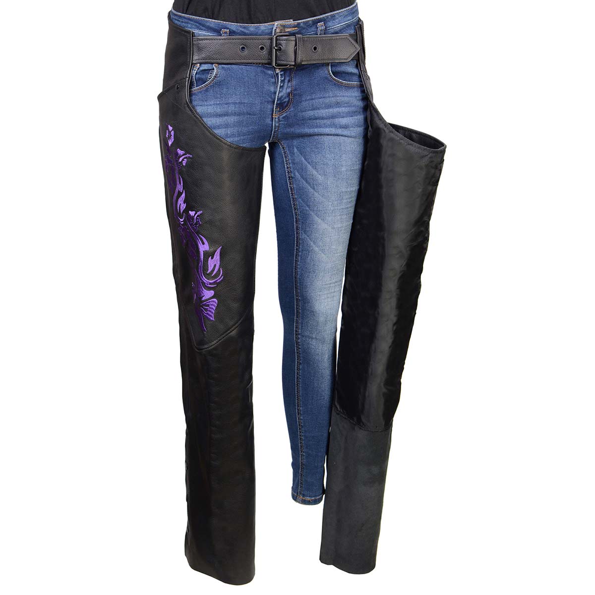 Milwaukee Leather Women's Leather Motorcycle Chaps w/ Embroidery Detail, Adjustable Fit Riding Gear - LKL16702
