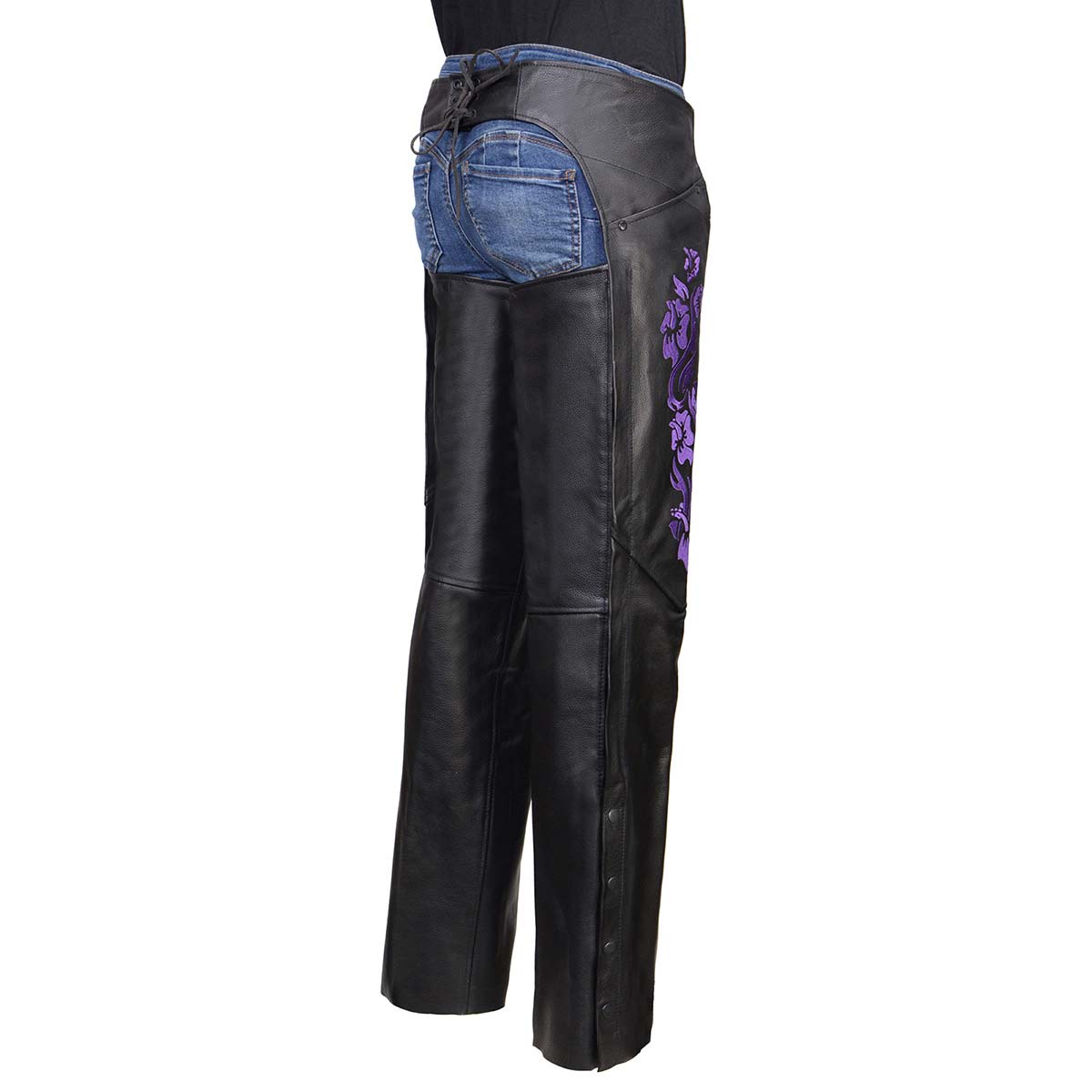 Milwaukee Leather Women's Leather Motorcycle Chaps w/ Embroidery Detail, Adjustable Fit Riding Gear - LKL16702