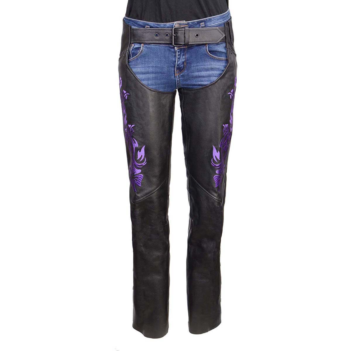 Milwaukee Leather Women's Leather Motorcycle Chaps w/ Embroidery Detail, Adjustable Fit Riding Gear - LKL16702