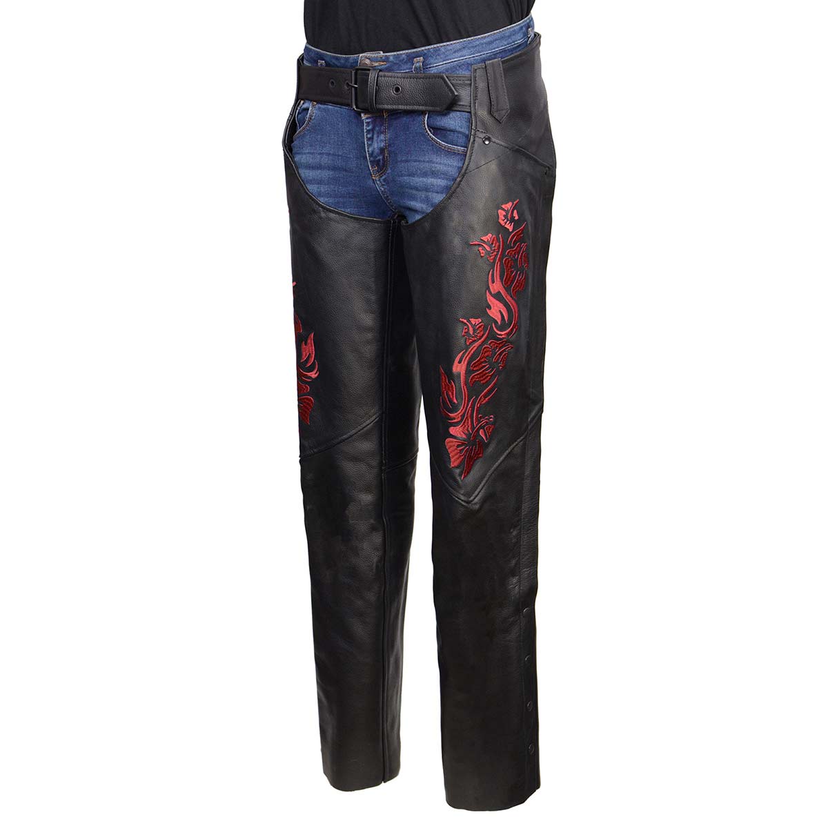 Milwaukee Leather Women's Leather Motorcycle Chaps w/ Embroidery Detail, Adjustable Fit Riding Gear - LKL16703