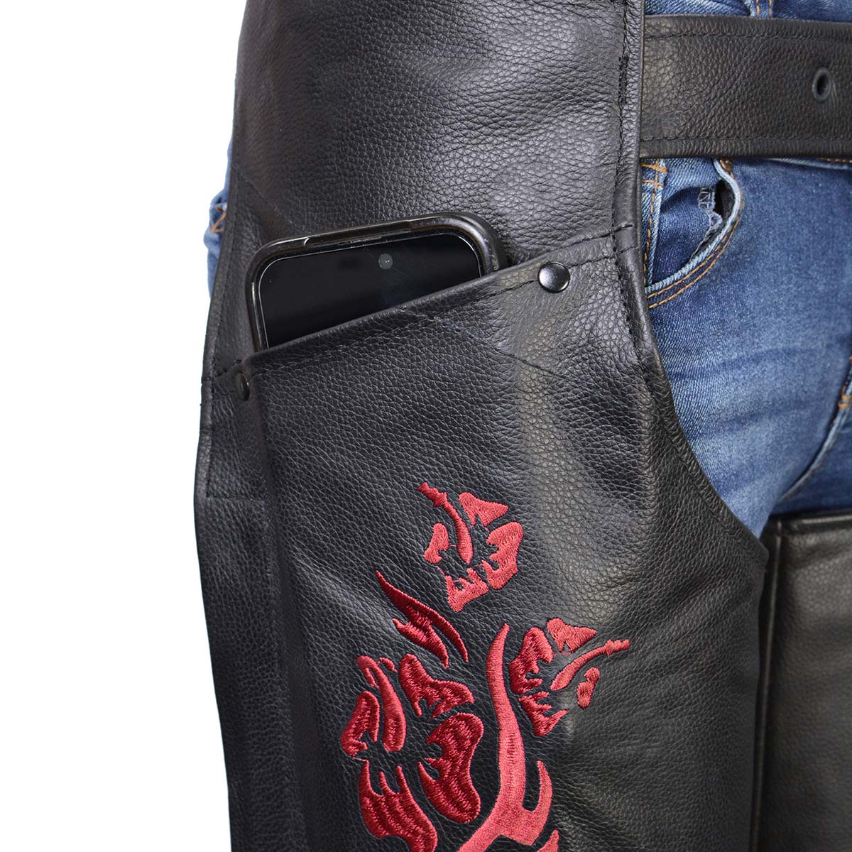 Milwaukee Leather Women's Leather Motorcycle Chaps w/ Embroidery Detail, Adjustable Fit Riding Gear - LKL16703