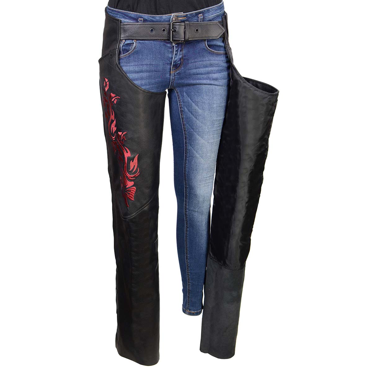 Milwaukee Leather Women's Leather Motorcycle Chaps w/ Embroidery Detail, Adjustable Fit Riding Gear - LKL16703