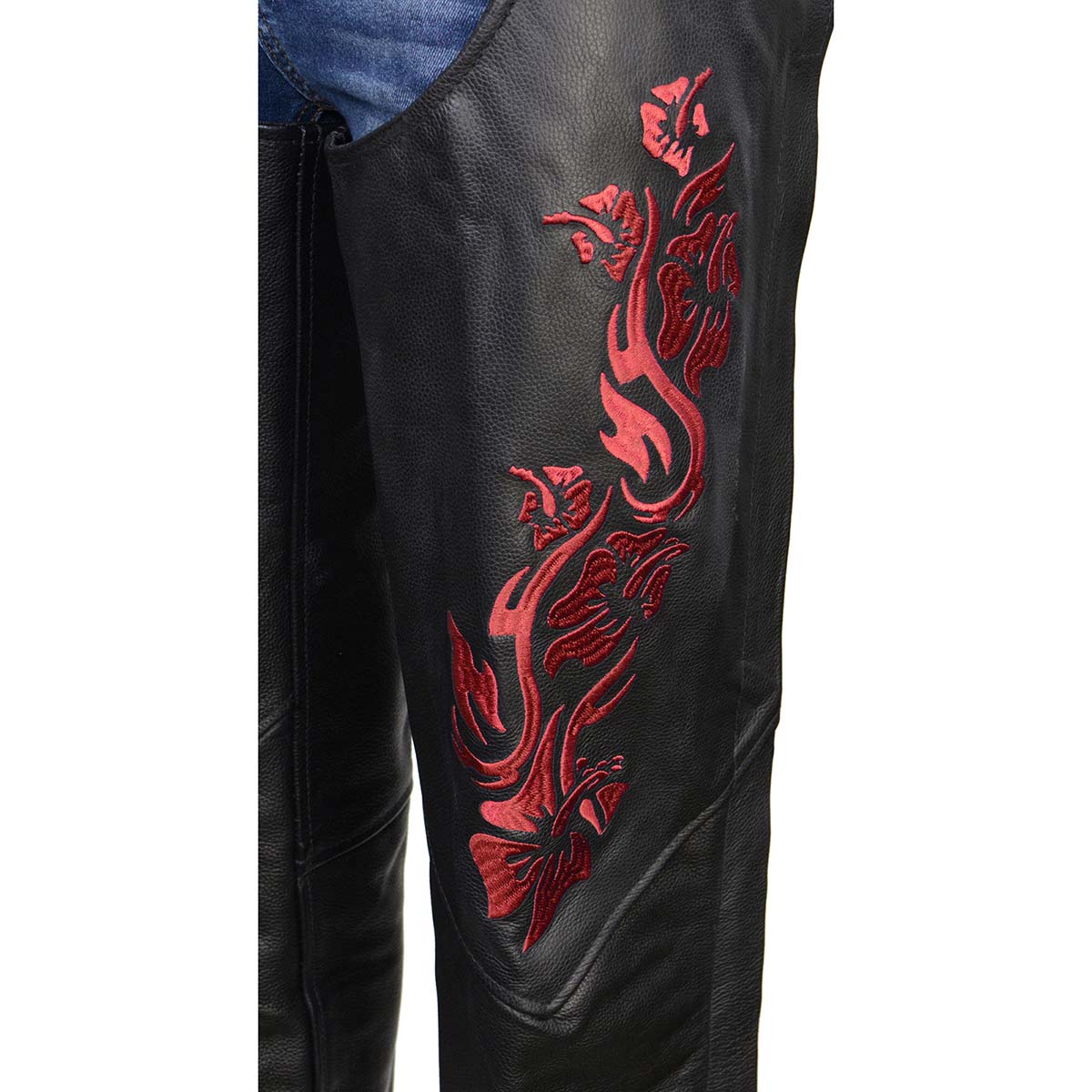 Milwaukee Leather Women's Leather Motorcycle Chaps w/ Embroidery Detail, Adjustable Fit Riding Gear - LKL16703