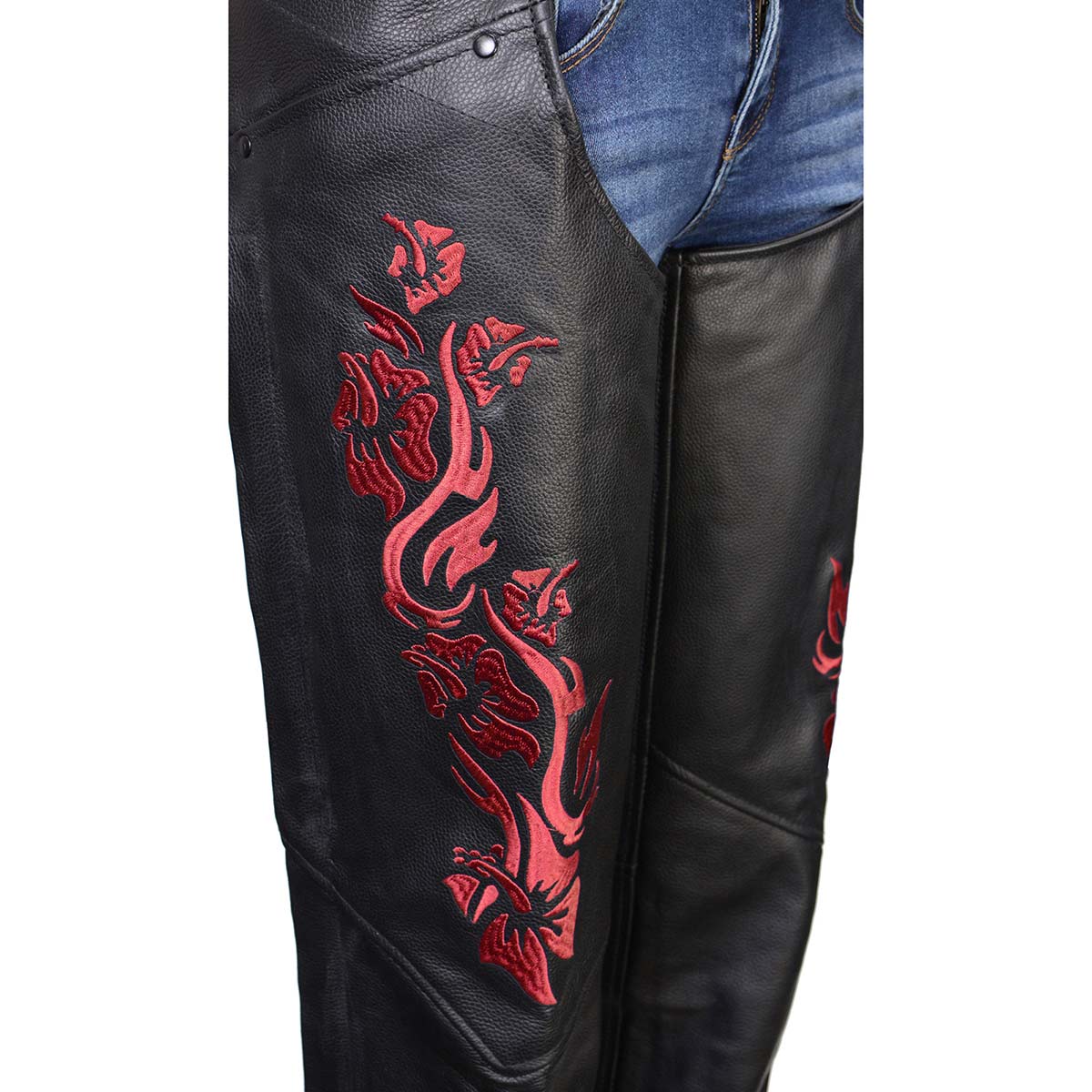 Milwaukee Leather Women's Leather Motorcycle Chaps w/ Embroidery Detail, Adjustable Fit Riding Gear - LKL16703