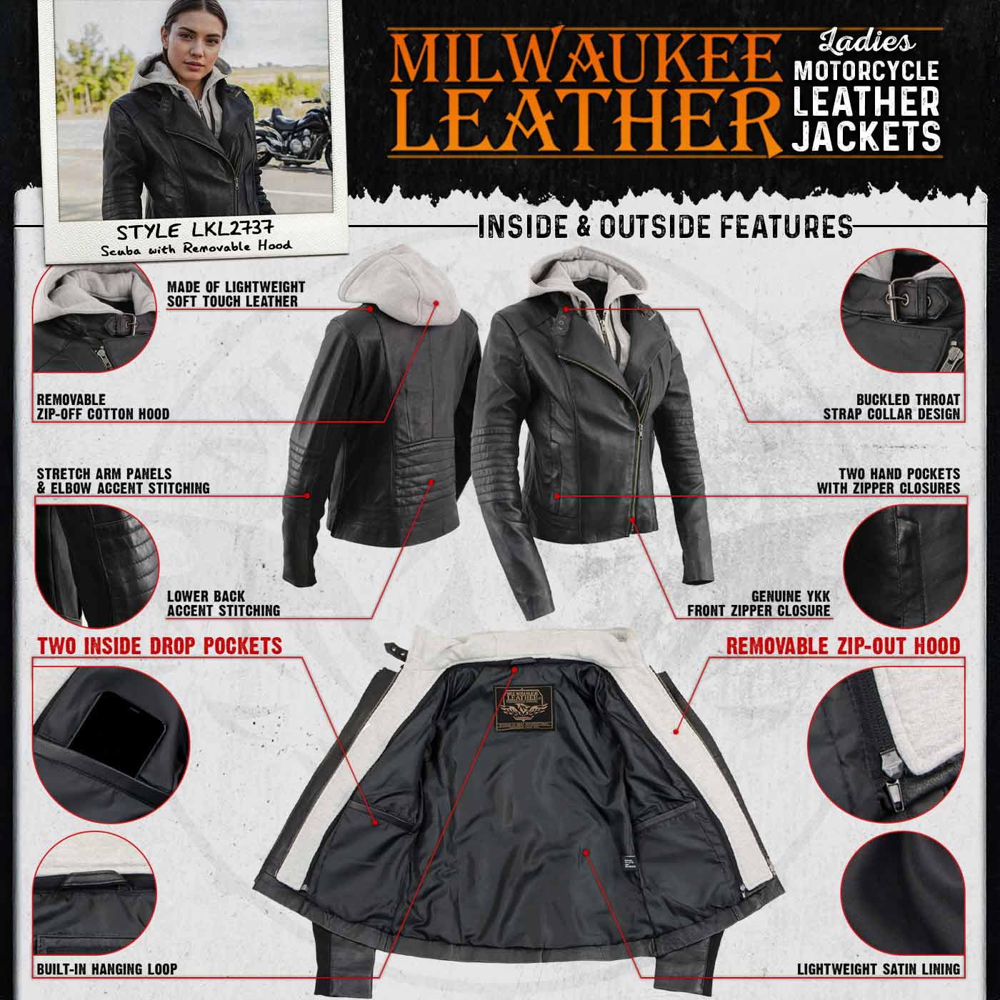 Milwaukee Leather LKL2737 Women's Black Premium Leather Motorcycle Biker Racer Style Scuba Jacket w/ Hoodie