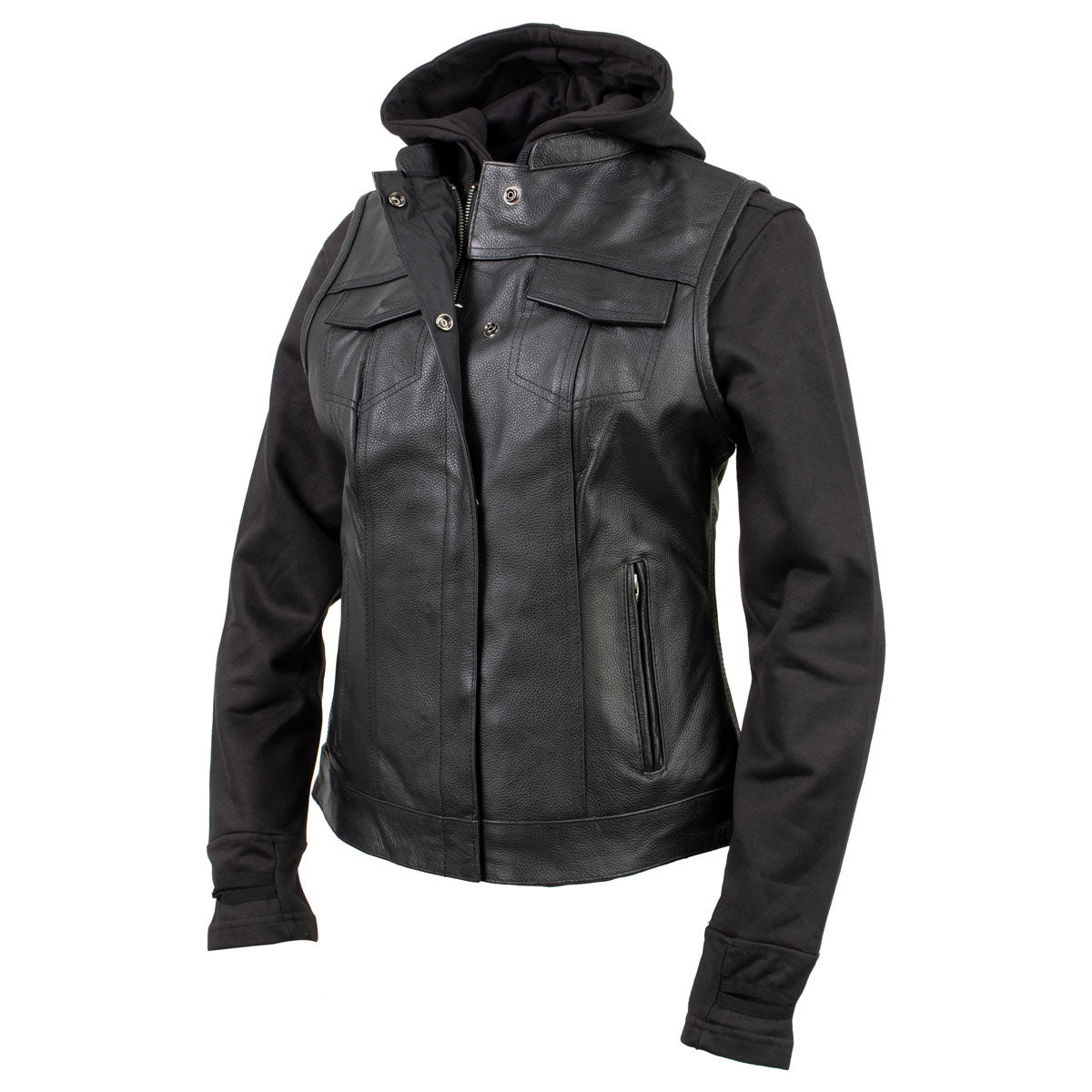 Milwaukee Leather Women's Tara Black Leather Motorcycle Rider 2-in-1 Convertible Hoodie Jacket Vest