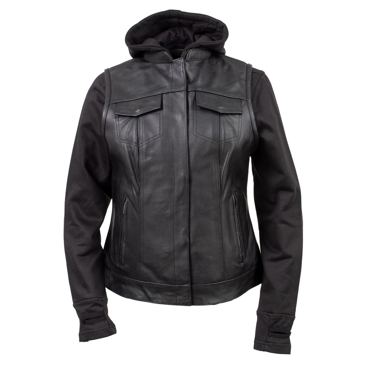 Milwaukee Leather Women's Tara Black Leather Motorcycle Rider 2-in-1 Convertible Hoodie Jacket Vest