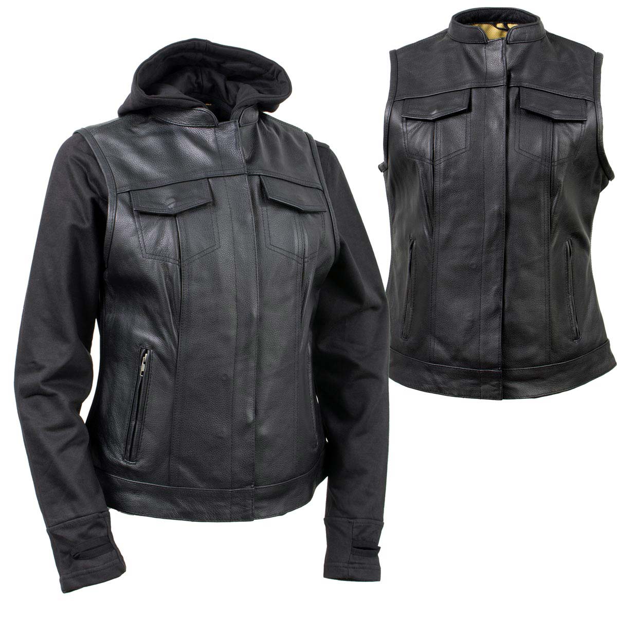 Milwaukee Leather Women's Tara Black Leather Motorcycle Rider 2-in-1 Convertible Hoodie Jacket Vest