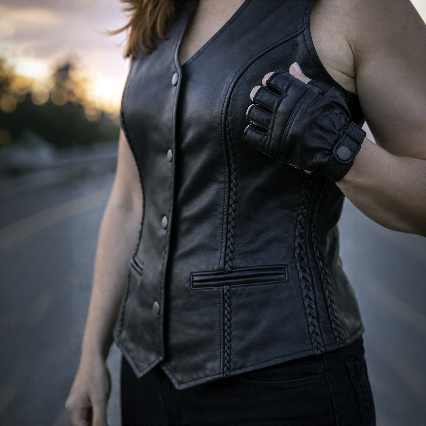 Milwaukee Leather Women's Road Queen Black Braided Buffalo Leather Motorcycle Vest - LKL4713