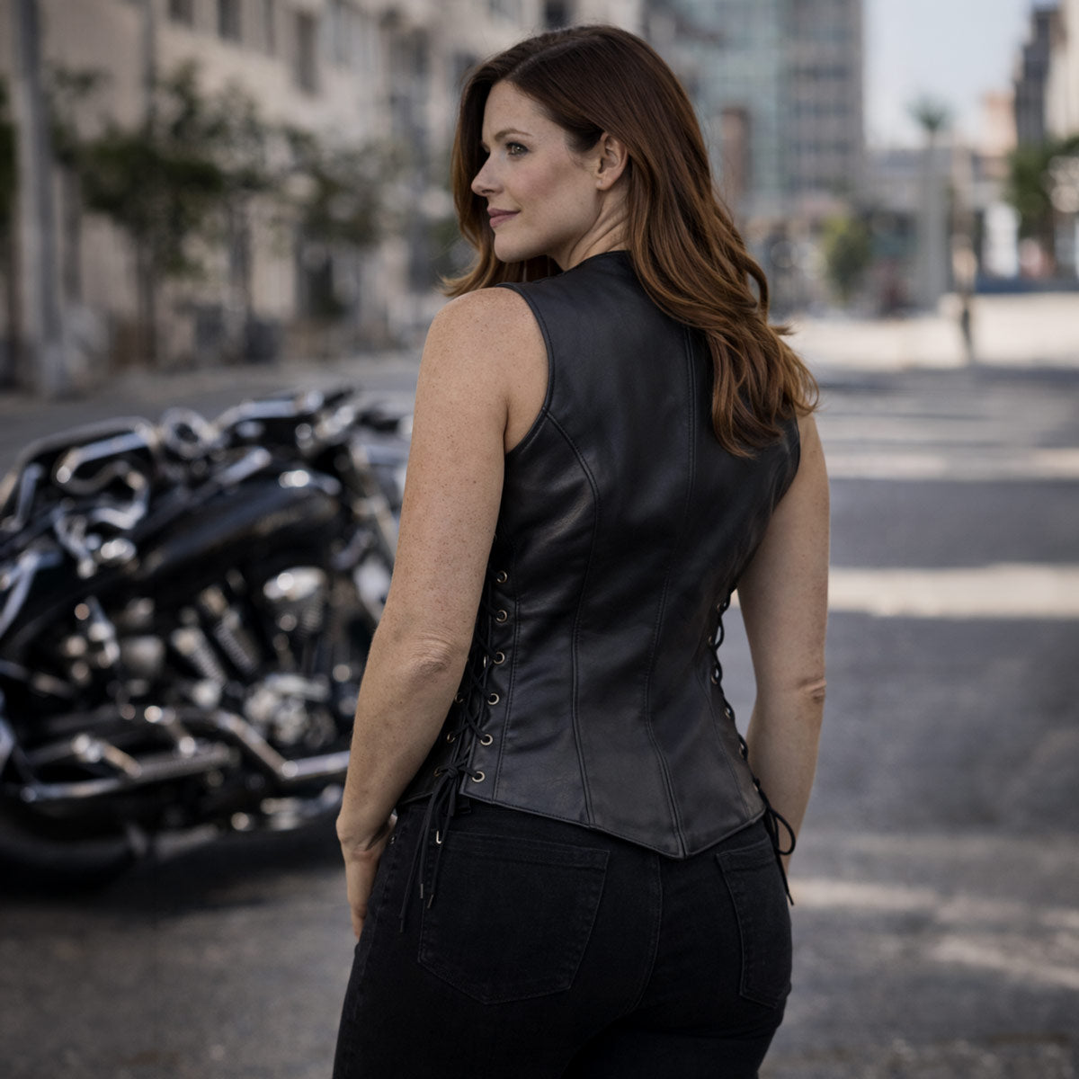 Milwaukee Leather Women's Mistress Black Side Lace Leather Motorcycle Vest - LKL4714