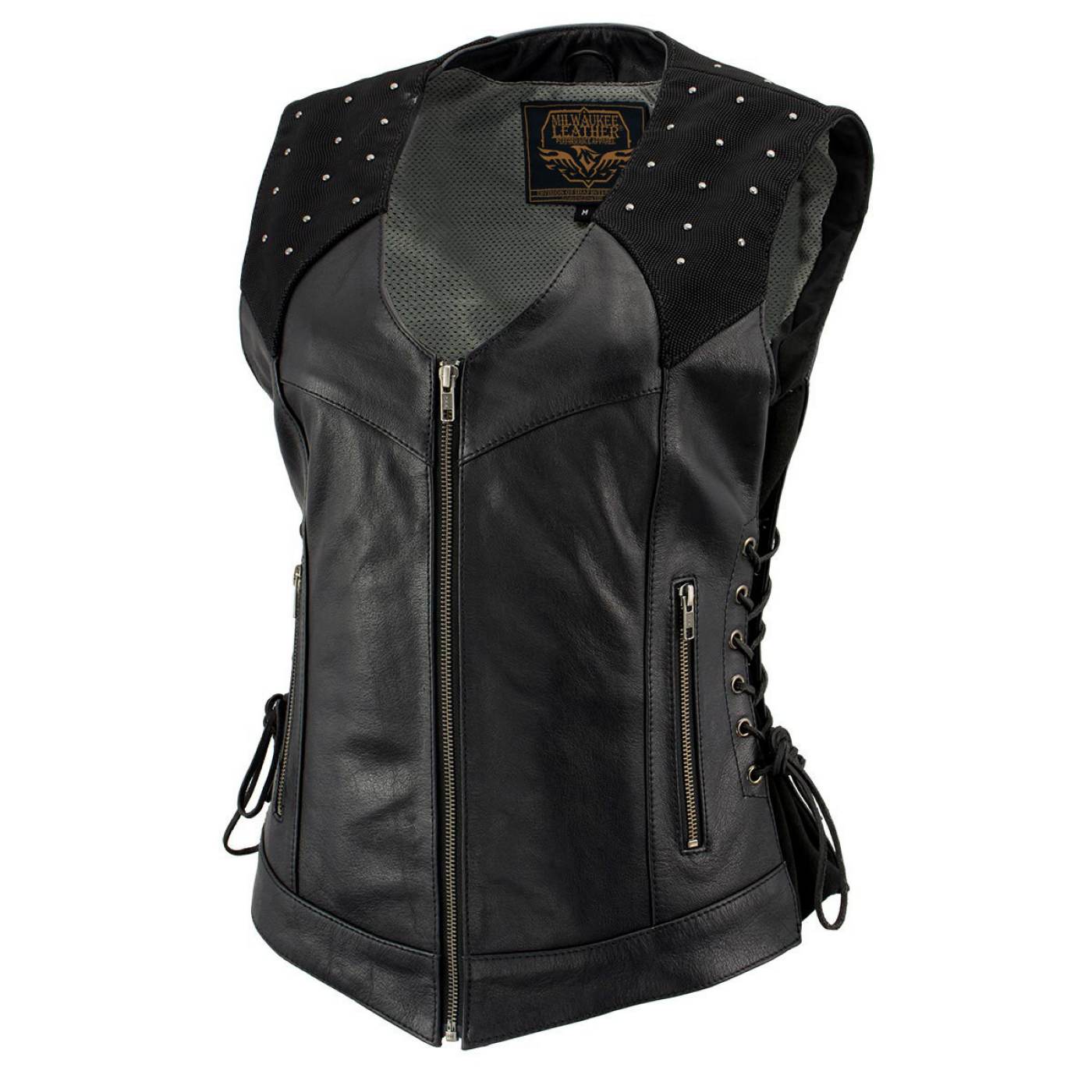 Milwaukee Leather Women's Winged Black Studded Leather Motorcycle Vest with Reflective Wings - LKL4715
