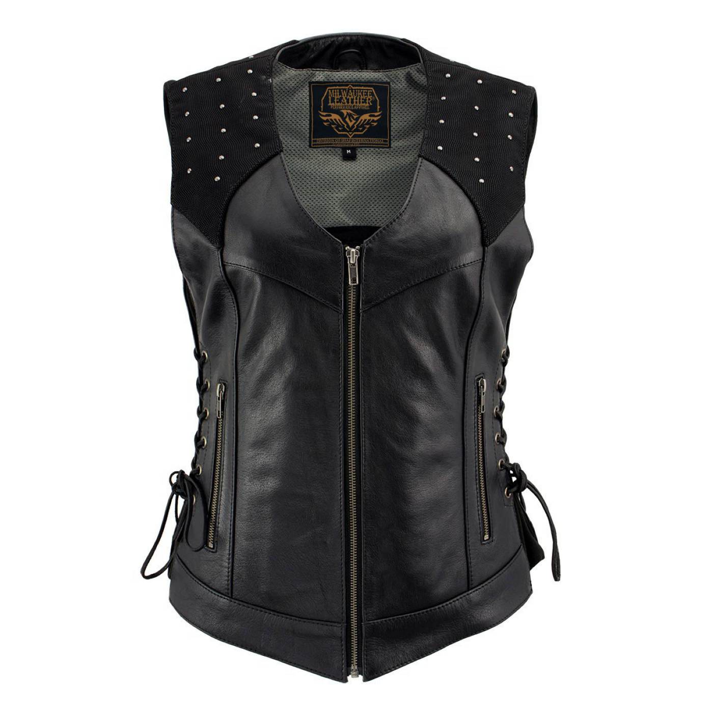 Milwaukee Leather Women's Winged Black Studded Leather Motorcycle Vest with Reflective Wings - LKL4715