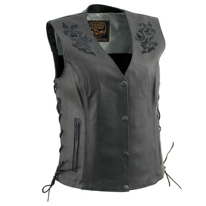 Milwaukee Leather Women's Bling V-Neck Leather Motorcycle Vest with Rhinestone Detail