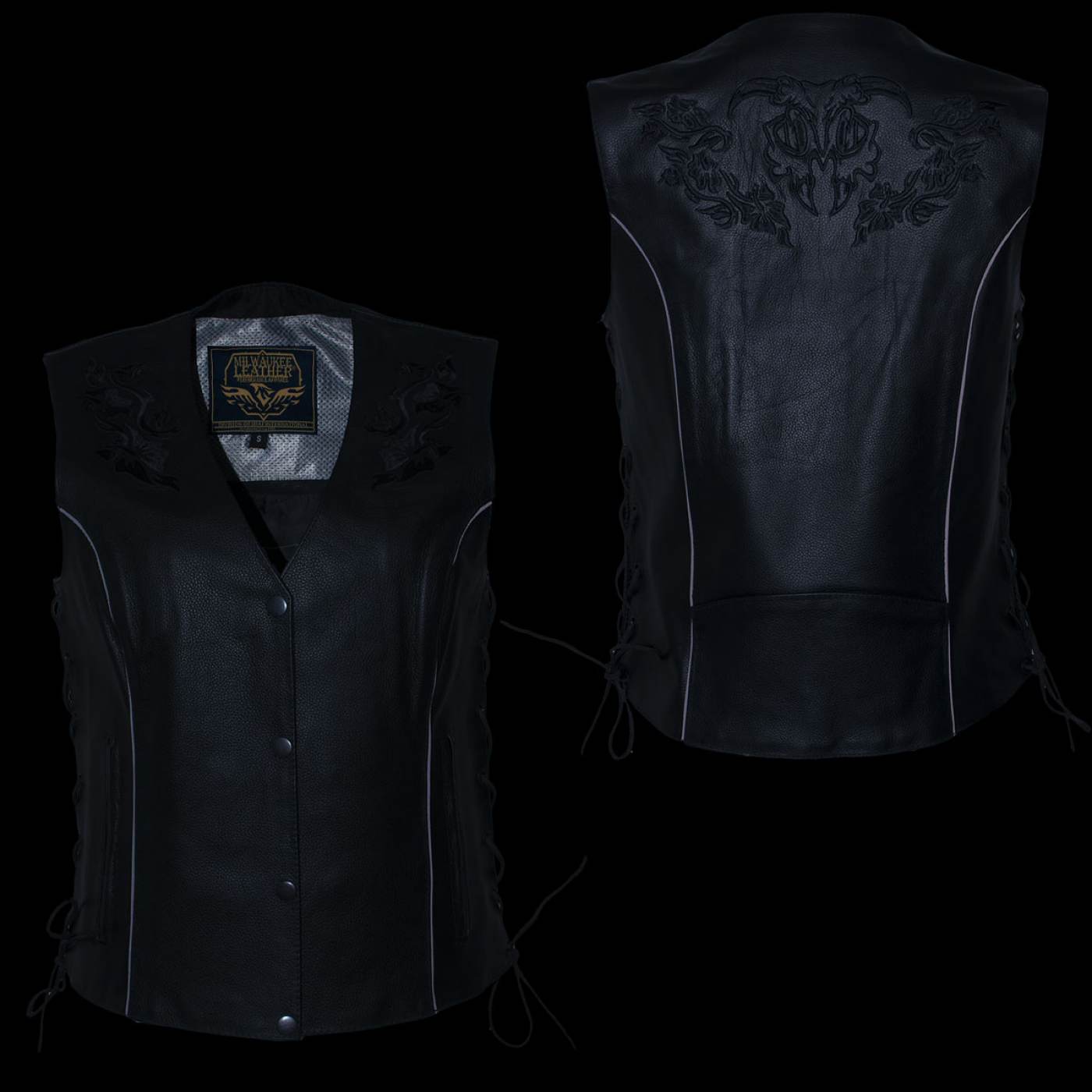 Milwaukee Leather Women's Bling V-Neck Leather Motorcycle Vest with Rhinestone Detail