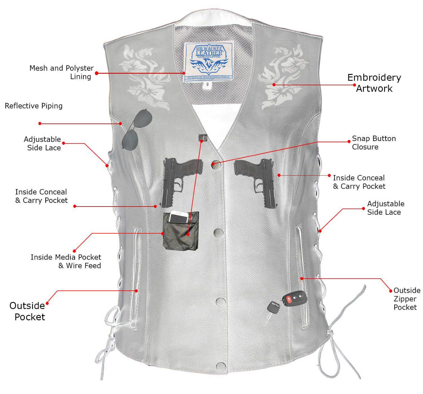 Milwaukee Leather Women's Bling V-Neck Leather Motorcycle Vest with Rhinestone Detail