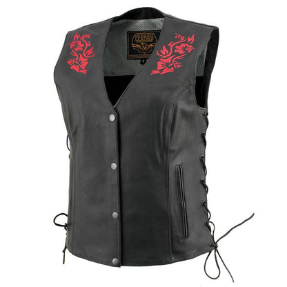 Milwaukee Leather Women's Gemma Black/Red Leather Motorcycle Vest with Side Laces - LKL4718