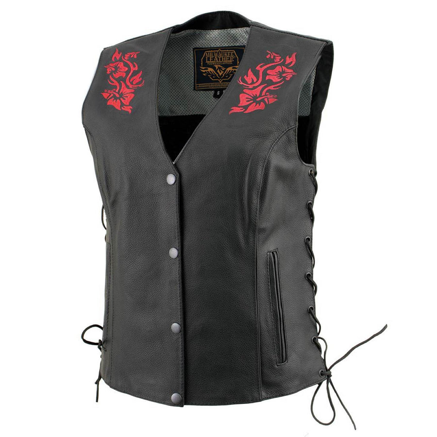 Milwaukee Leather Women's Gemma Black/Red Leather Motorcycle Vest with Side Laces - LKL4718