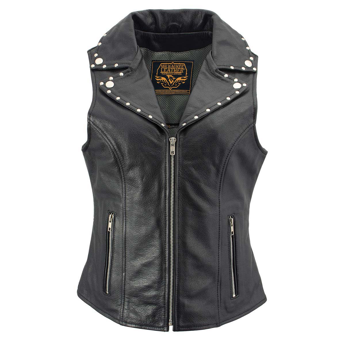 Milwaukee Leather Women's Dita Black Motorcycle Leather Vest w/ Riveted Lapel Collar - LKL4720