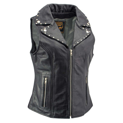 Milwaukee Leather Women's Dita Black Motorcycle Leather Vest w/ Riveted Lapel Collar - LKL4720