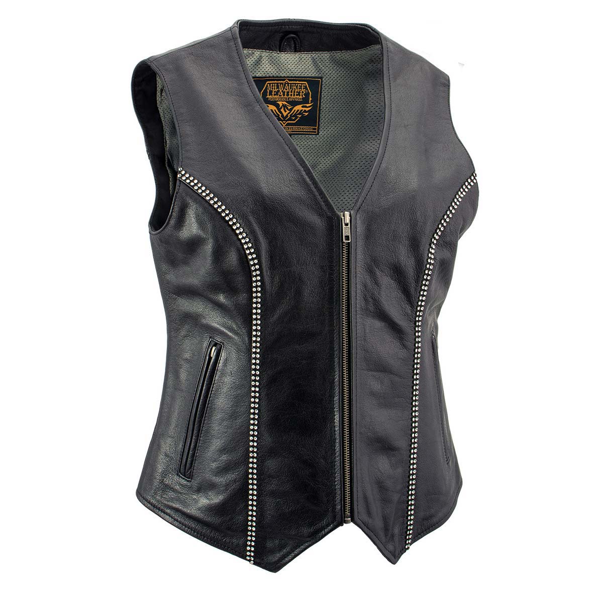 Milwaukee Leather Women's 'Bling' Black Leather V-Neck Motorcycle Rider Vest with Rhinestone Detail - LK4721