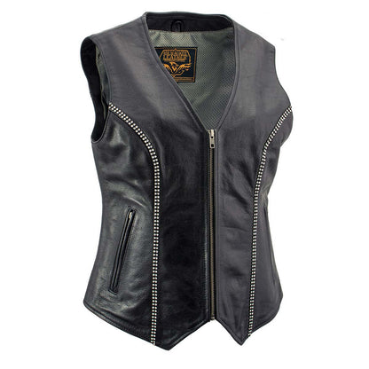 Milwaukee Leather Women's 'Bling' Black Leather V-Neck Motorcycle Rider Vest with Rhinestone Detail - LK4721
