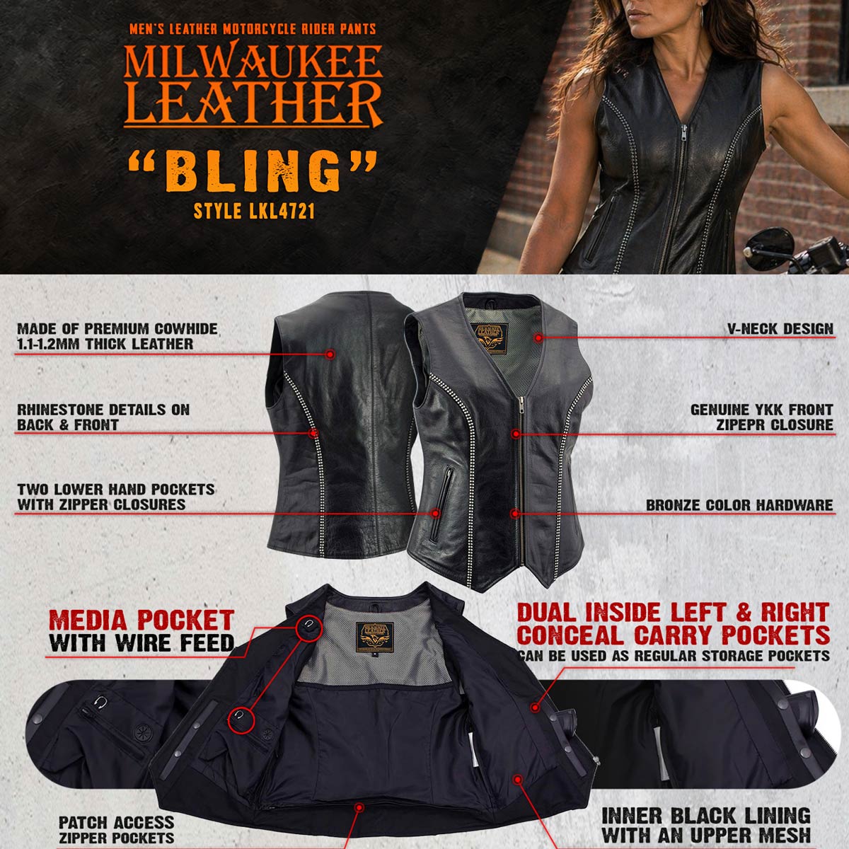 Milwaukee Leather Women's 'Bling' Black Leather V-Neck Motorcycle Rider Vest with Rhinestone Detail - LK4721