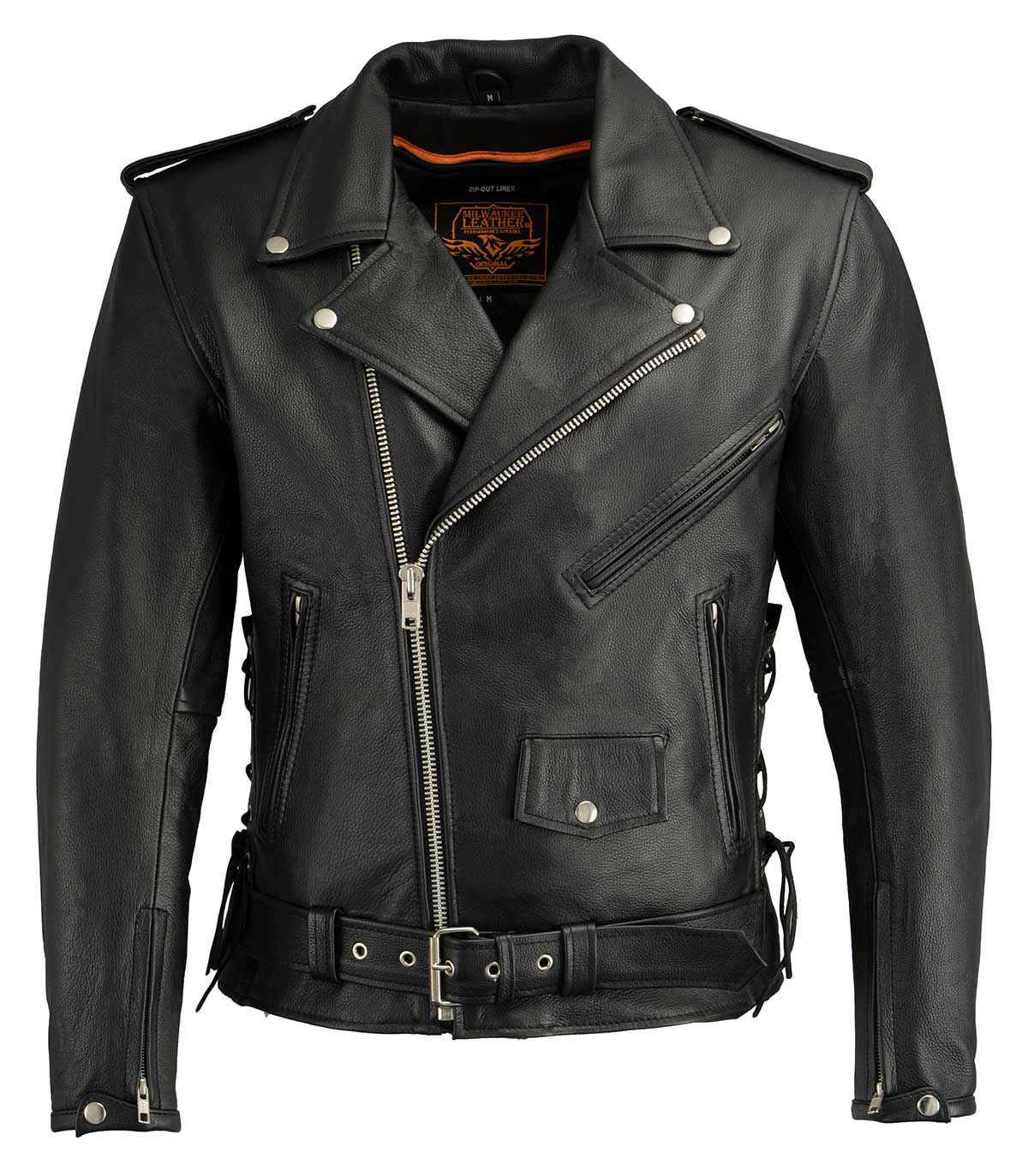 Milwaukee Leather LKM1711 Black Leather Motorcycle Jacket for Men, Thick Police Style Biker Jacket w/ Side Lace