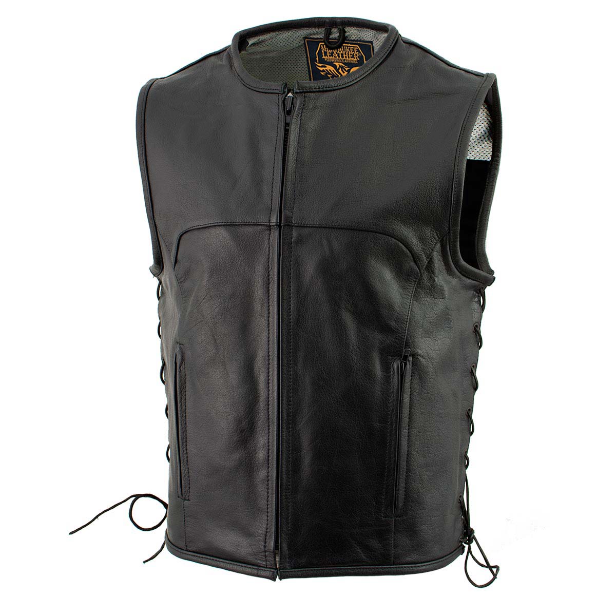 Milwaukee Leather Men's Drifter Black Collarless Buffalo Leather Motorcycle Vest - LKM3792