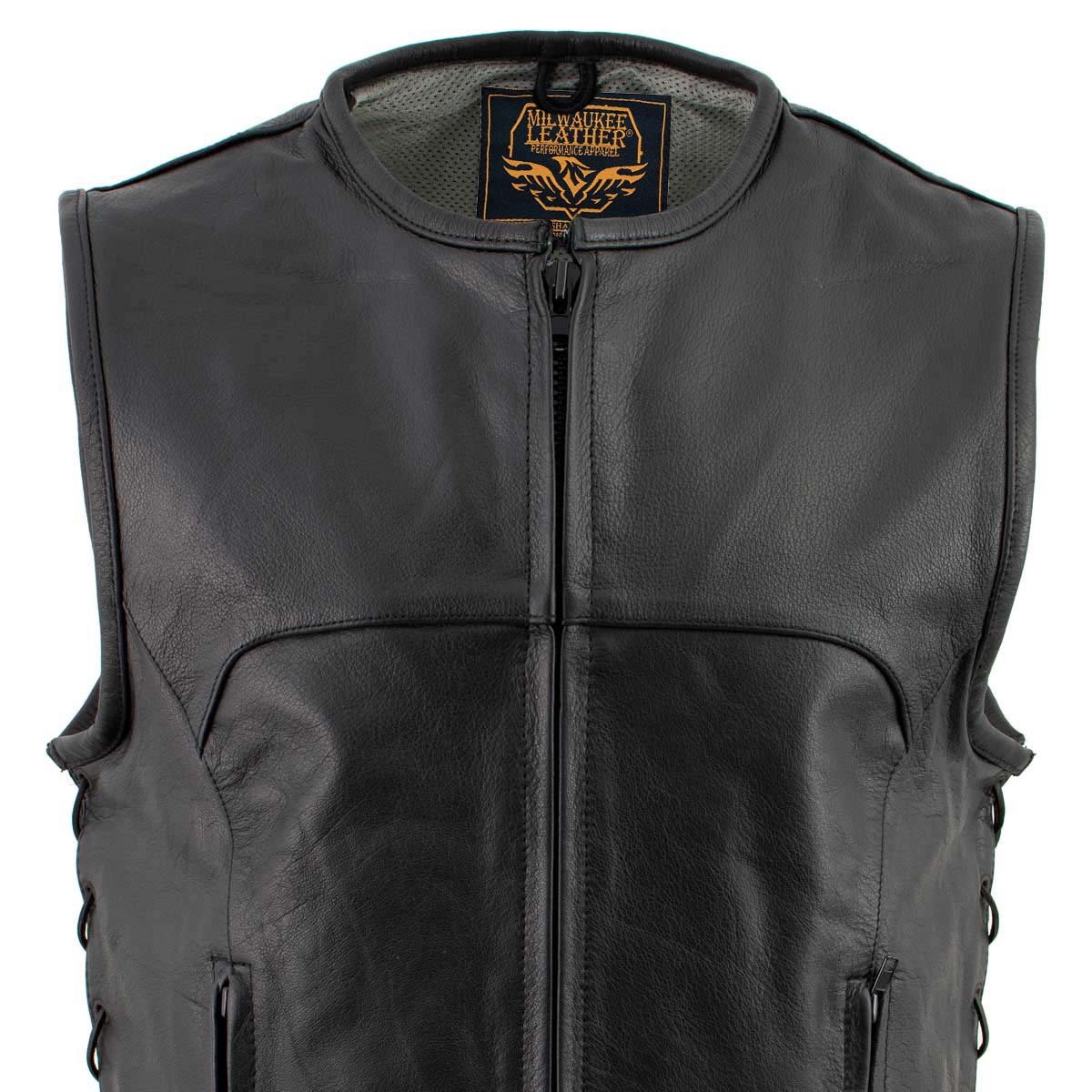 Milwaukee Leather Men's Drifter Black Collarless Buffalo Leather Motorcycle Vest - LKM3792