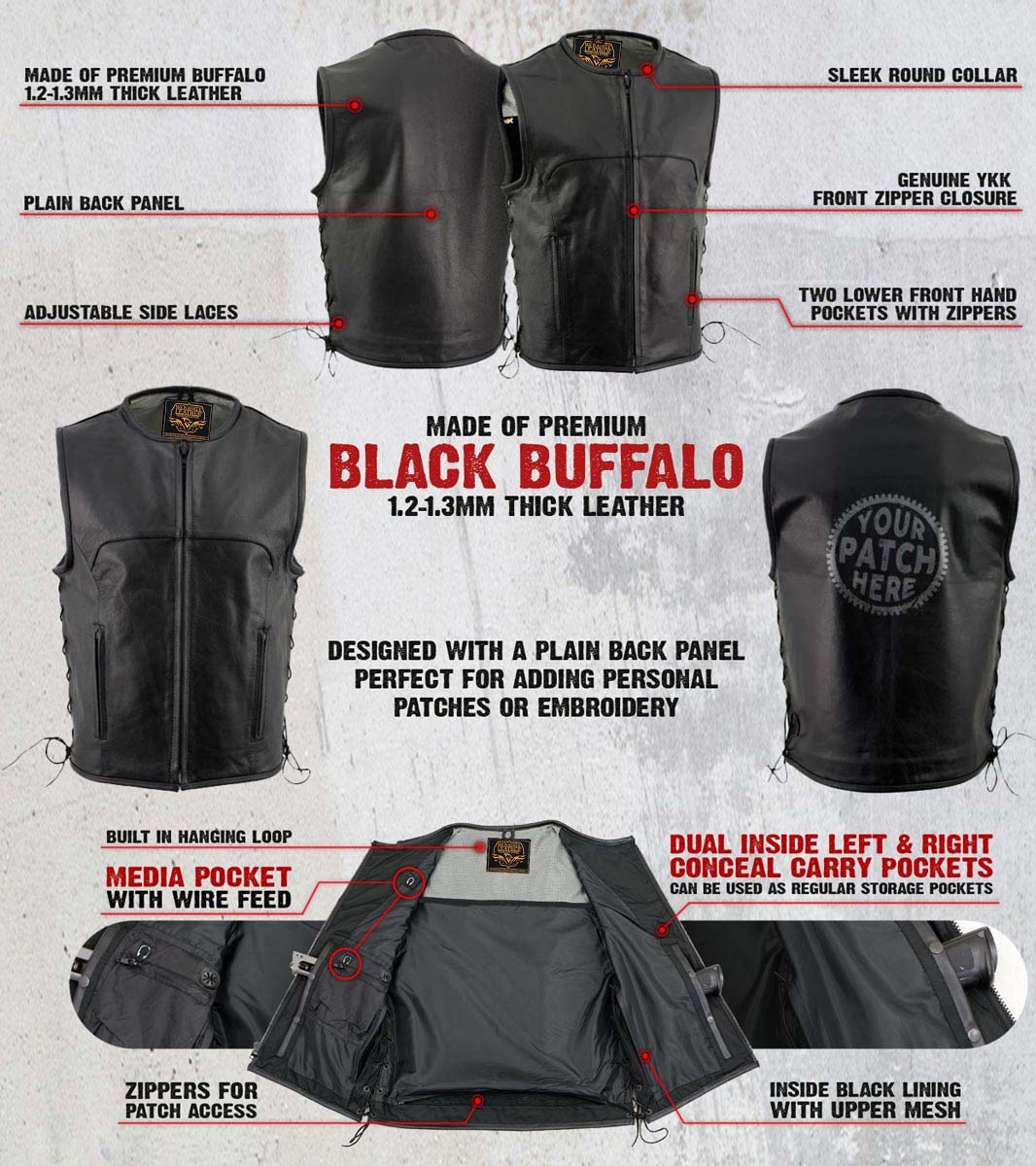 Milwaukee Leather Men's Drifter Black Collarless Buffalo Leather Motorcycle Vest - LKM3792