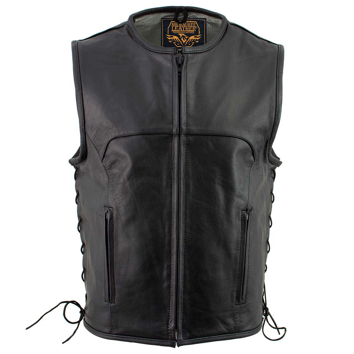 Milwaukee Leather Men's Drifter Black Collarless Buffalo Leather Motorcycle Vest - LKM3792
