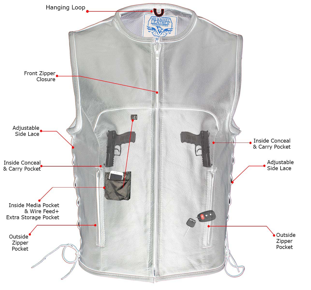 Milwaukee Leather Men's Drifter Black Collarless Buffalo Leather Motorcycle Vest - LKM3792