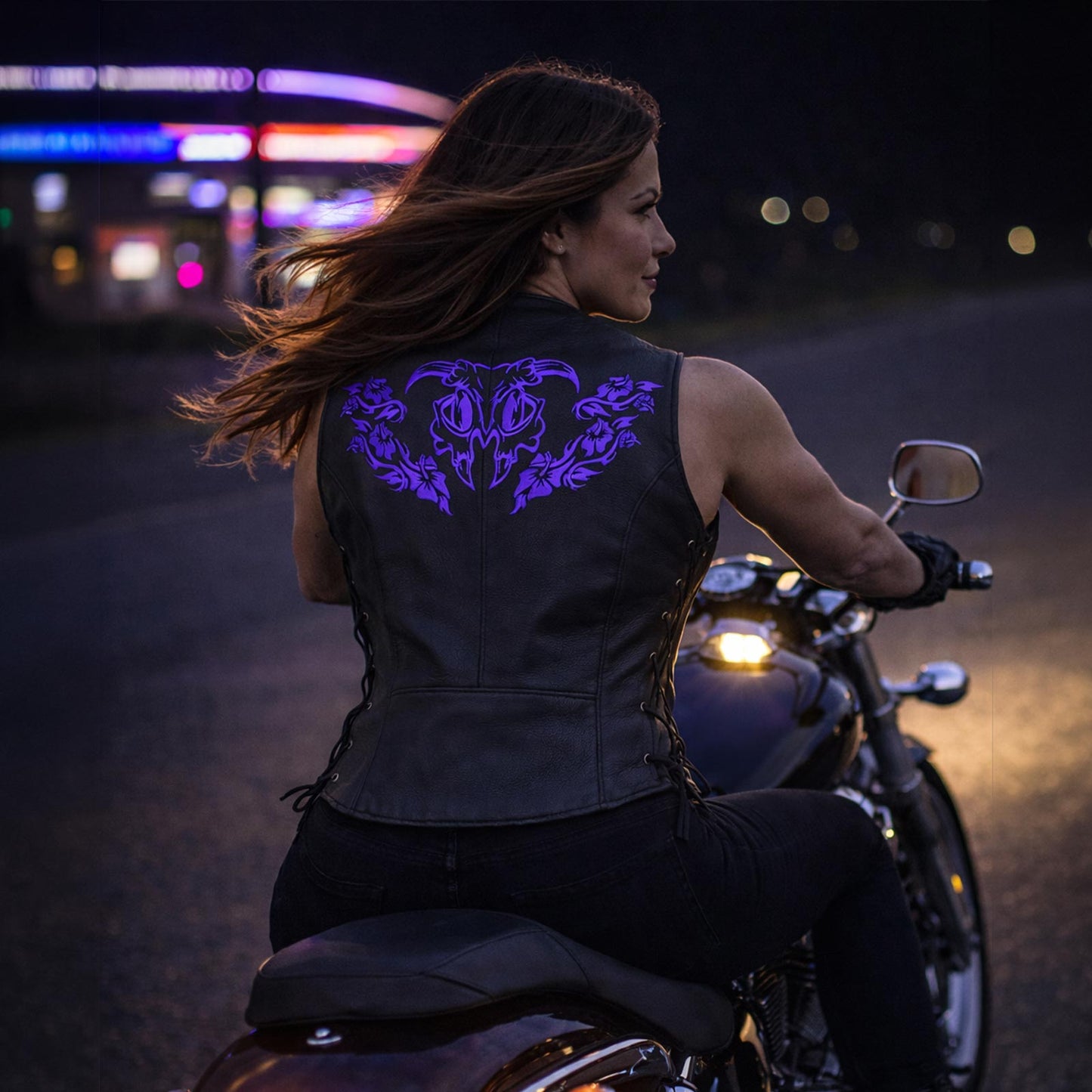 Milwaukee Leather Women's Gemma Black/Purple Leather Motorcycle Vest with Side Laces - LKL4717