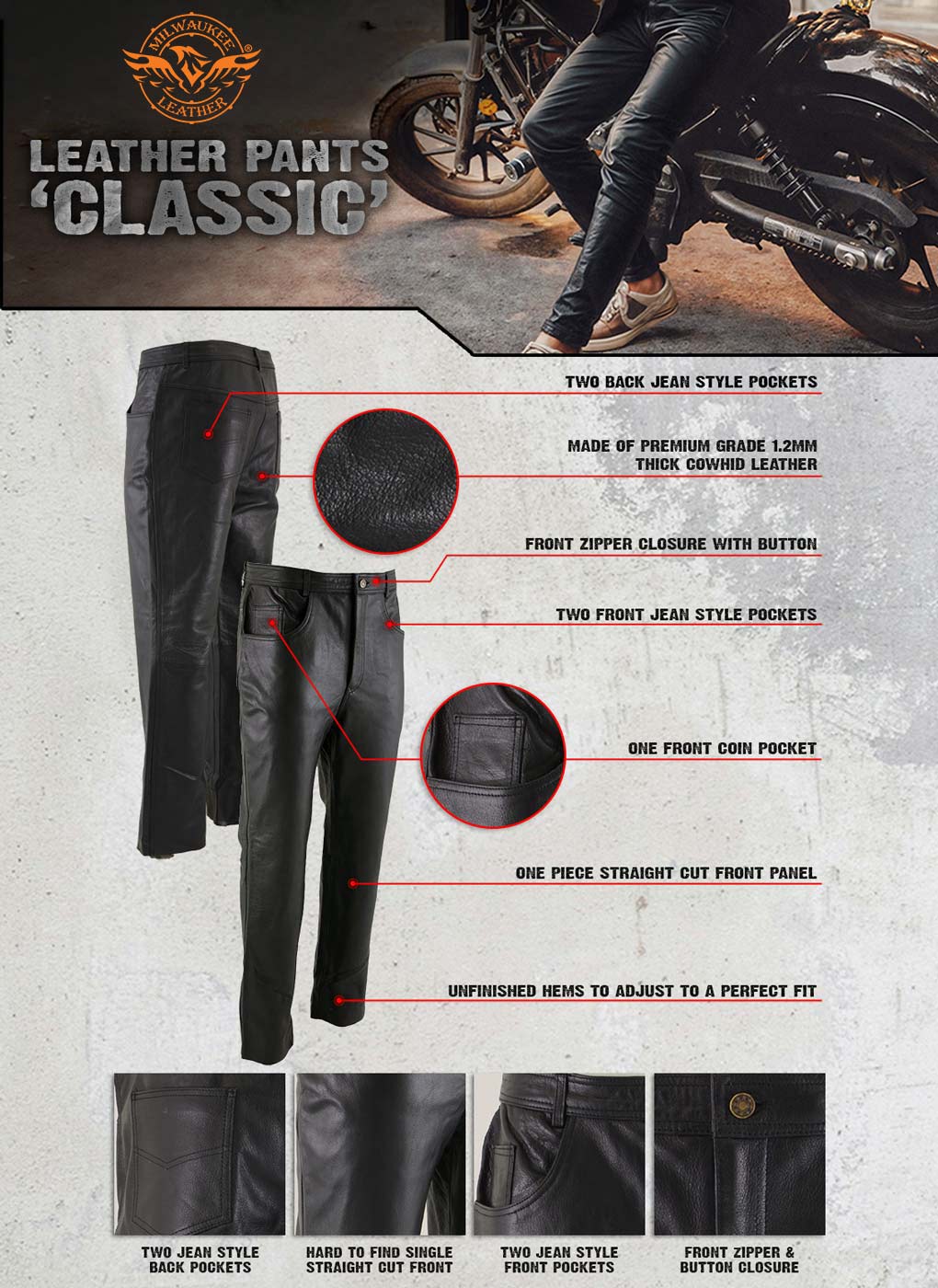 Milwaukee Leather LKM5716 Men's Classic Black Premium Leather Fitted Casual Biker Leather Pants