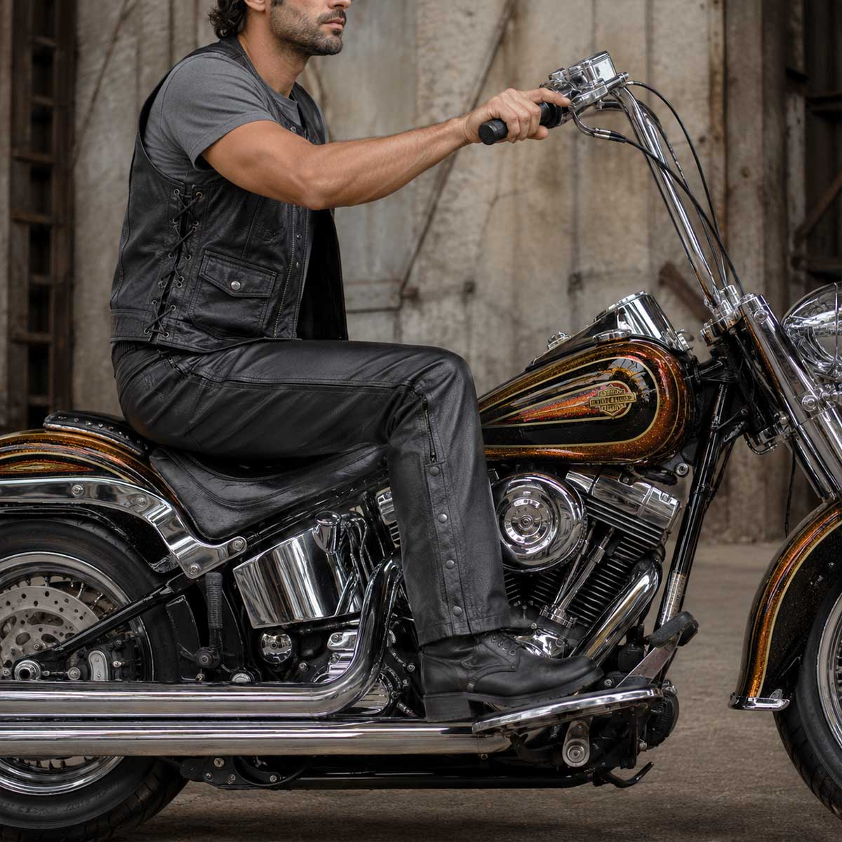 Milwaukee Leather LKM5726 Men's Black Premium Leather Motorcycle Over Pants with Side Zipper and Snaps